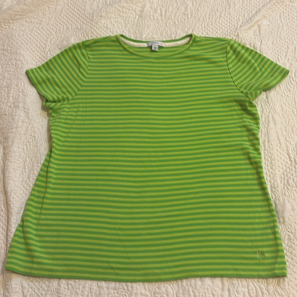 Isaac Mizrahi Live!™️ size L cotton lime/kiwi green striped cap sleeve T-shirt